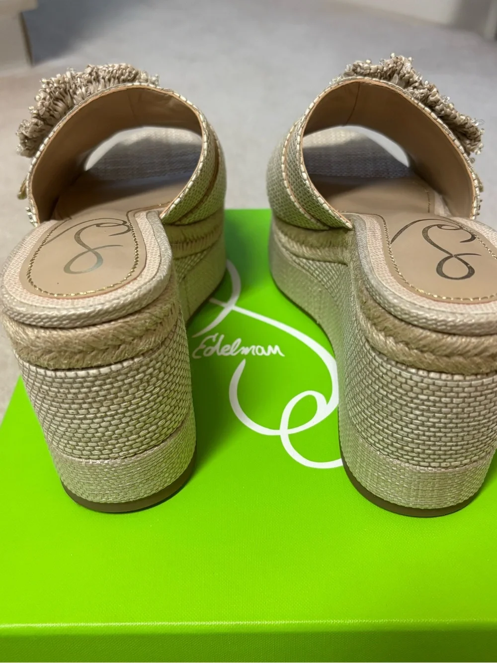 Sam Edelman Beige Woven Platform Slide Sandals with Fringed Buckle